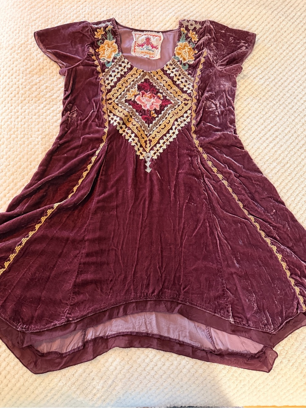 Johnny Was JW Los Angeles XS Silk Velvet Embroidered Dress Boho Joy Love Light